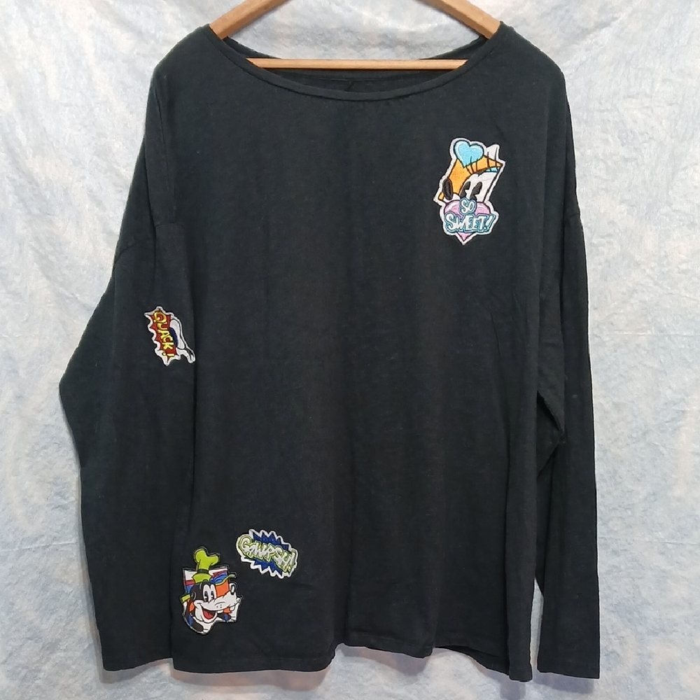 Disney Parks Mickey & Friends Black Long Sleeve Tee with Cartoon Patches SZ XXL